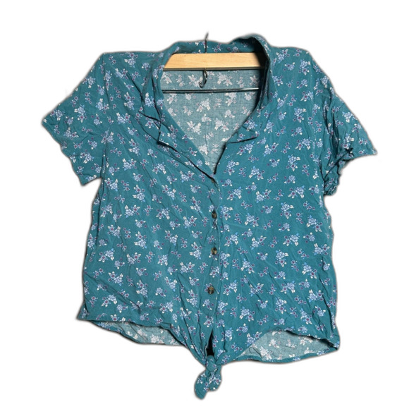 Aeropostale Blue Floral Tie Front Button Shirt Women’s Medium Short Sleeve Top - Picture 1 of 4